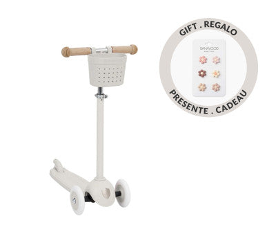 Patinete Banwood Eco + Cesta Pin & Ride Ivory y Pines Flores