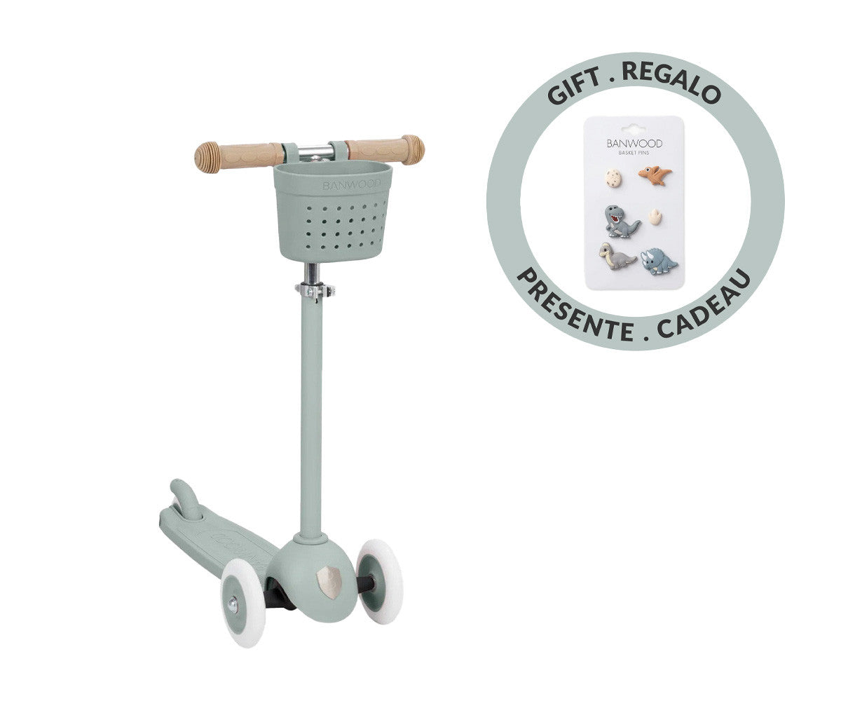 Patinete Banwood Eco + Cesta Pin & Ride Clay y Pines Dinosaurios