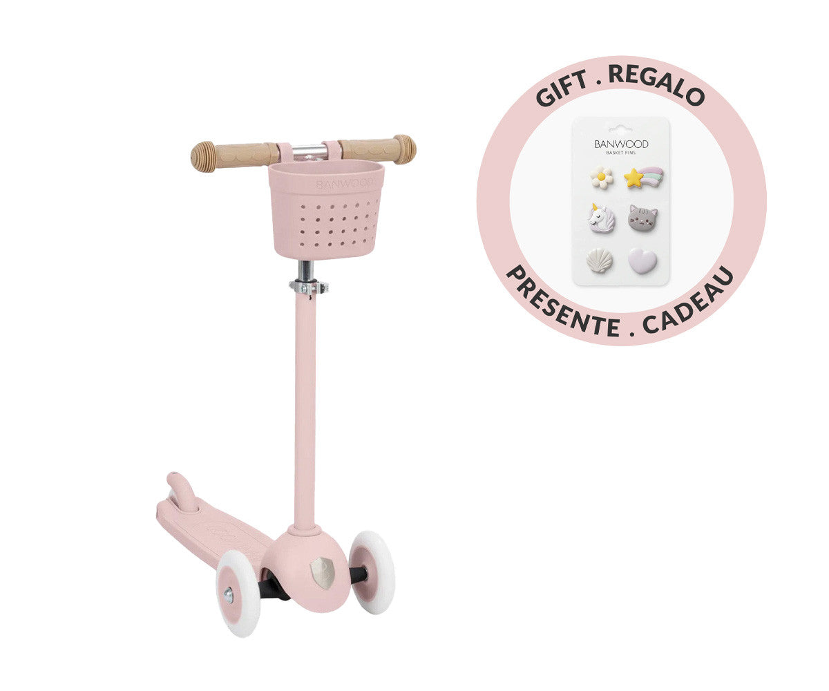 Patinete Banwood Eco + Cesta Pin & Ride Faded Pink y Pines Magia